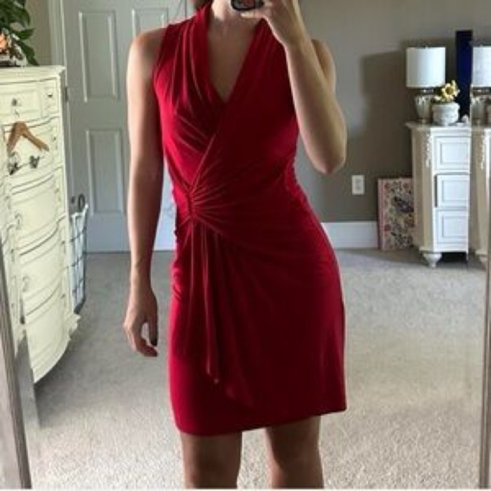 KAREN KANE PLEATED SIDE STITCHED WATERFALL SLEEVELESS RED STRETCHY MIDI DRESS